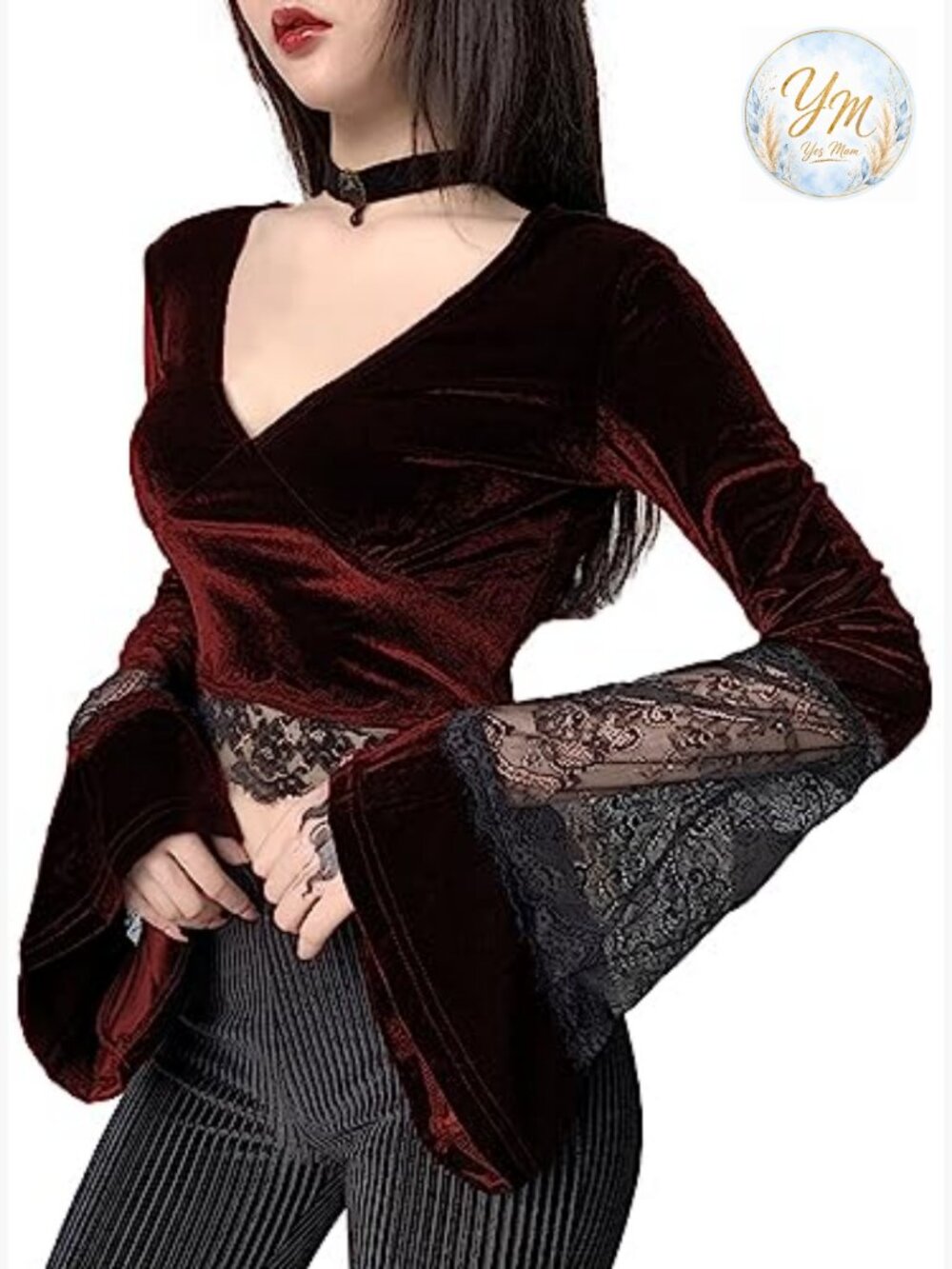 Gothic Velvet Lace Patchwork Crop Top Long Sleeve V Neck - Picture 5 of 5
